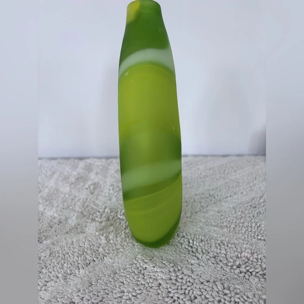 CRATE & BARREL Frosted Glass LIMA Vase Greens White Swirl 11